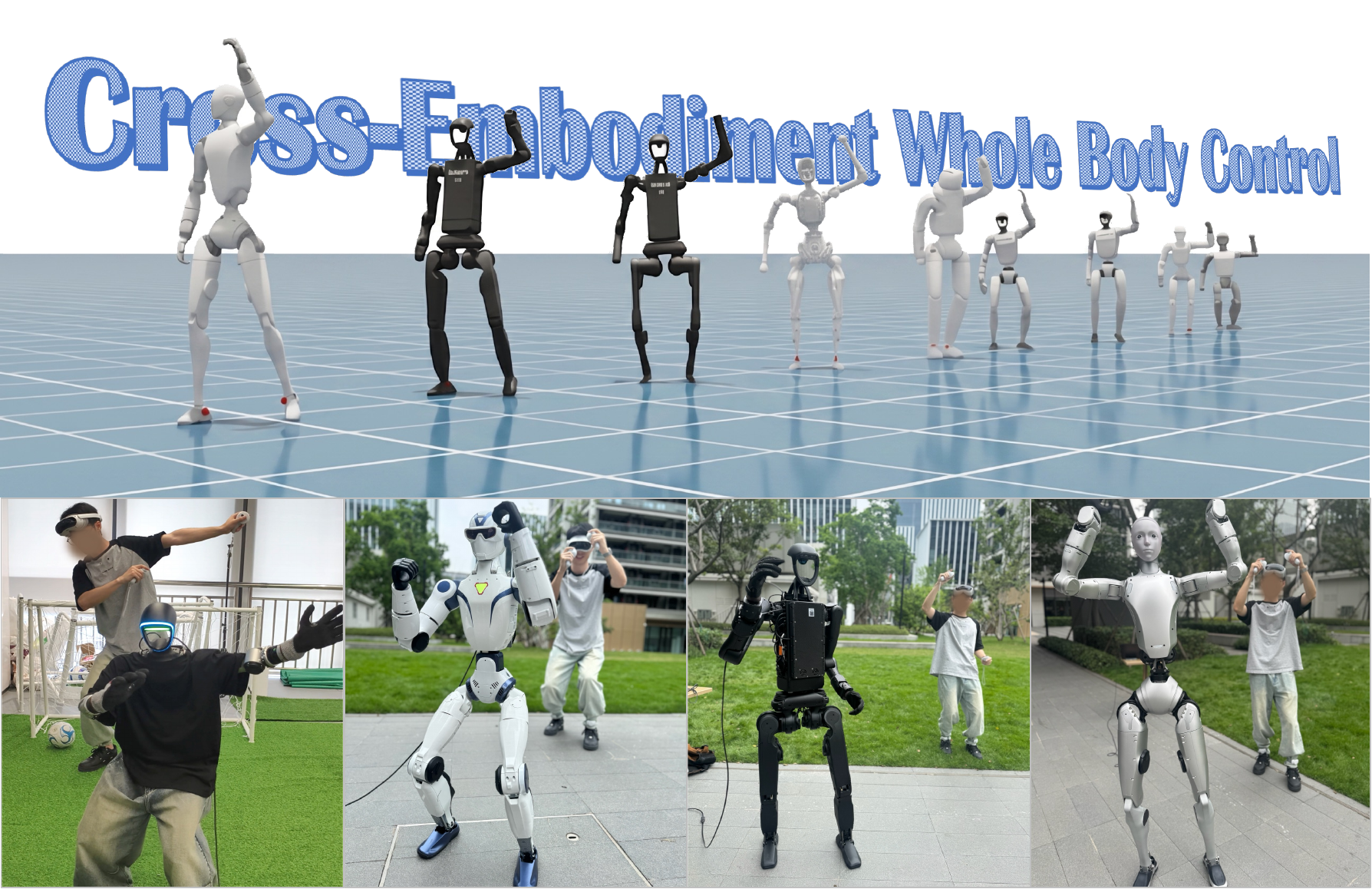 Nine simulated humanoid embodiments and four real-world robots controlled through X-WBC